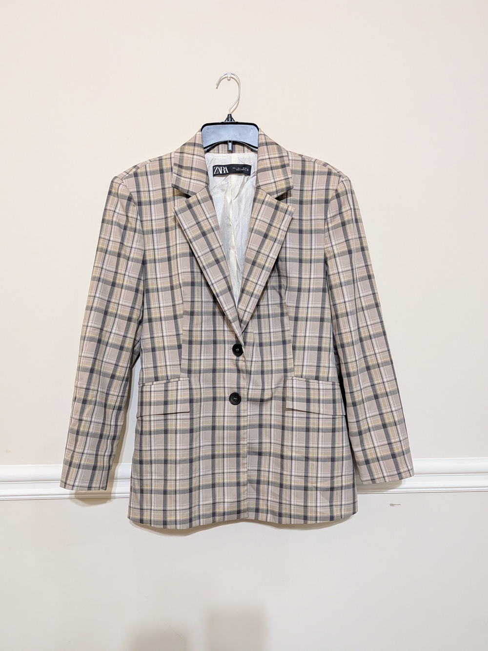 ZARA Plaid Tan and Gray Two-Button Blazer Large